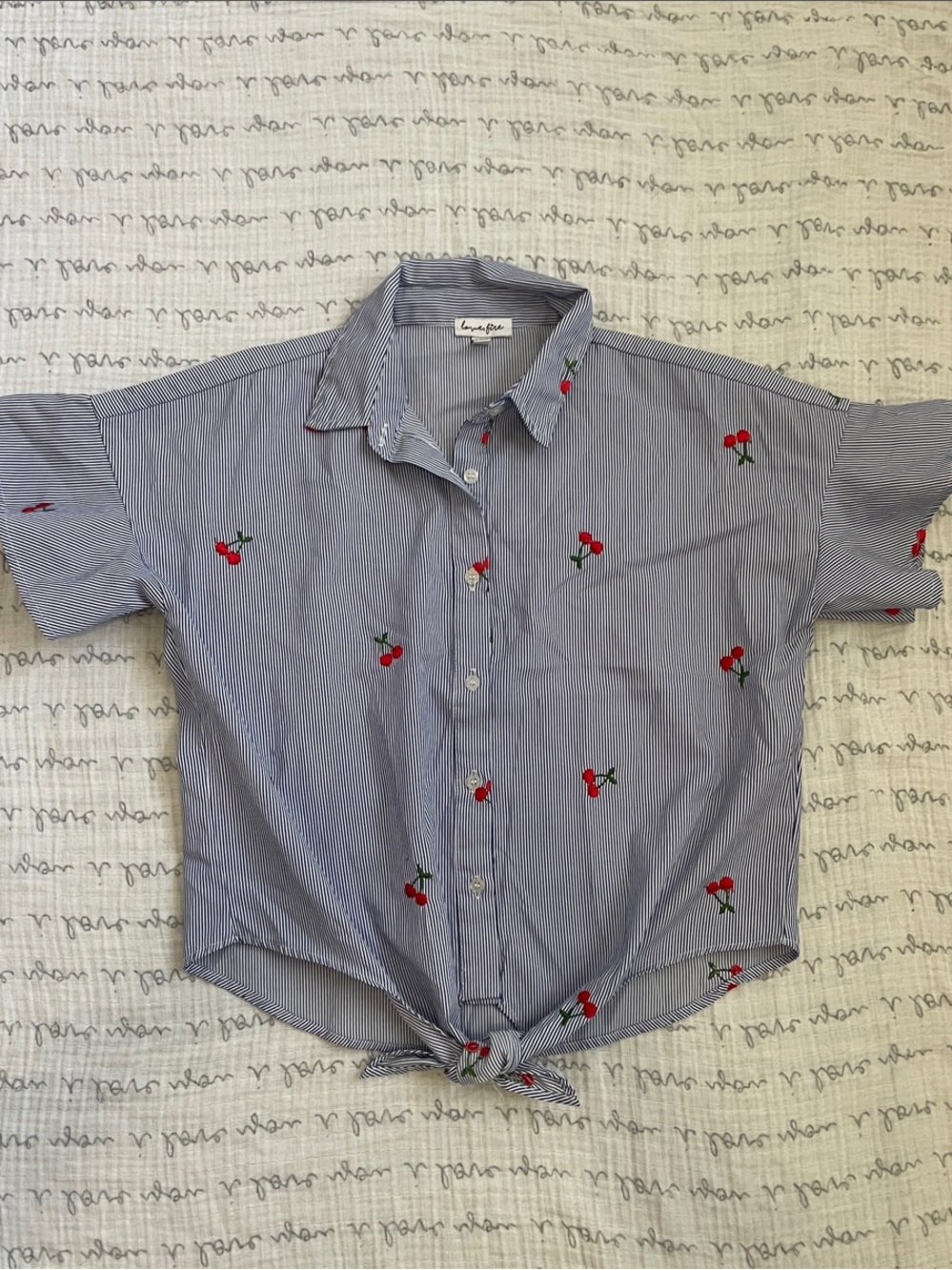 love, Fire Blue Pinstriped Tie-Front Shirt with Red Cherry Embroidery
